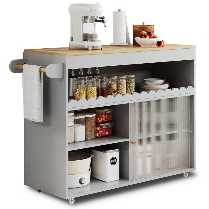 Îlot Central Cuisine Desserte Cuisine à roulettes avec Plans de Travail Rabattable Portes Coulissantes en Verre 122x46-69x91cm Gris