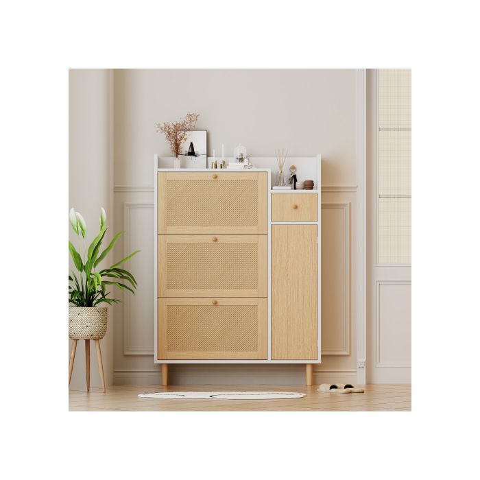 Armoire chaussures - Rotin 3 portes + 1 tiroir - Bois massif - Gain despace compact - L90×P17×H125 cm