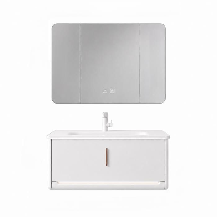 Ensemble meuble de salle de bain avec vasque et armoire miroir LED - 100 cm - Blanc - VALEN