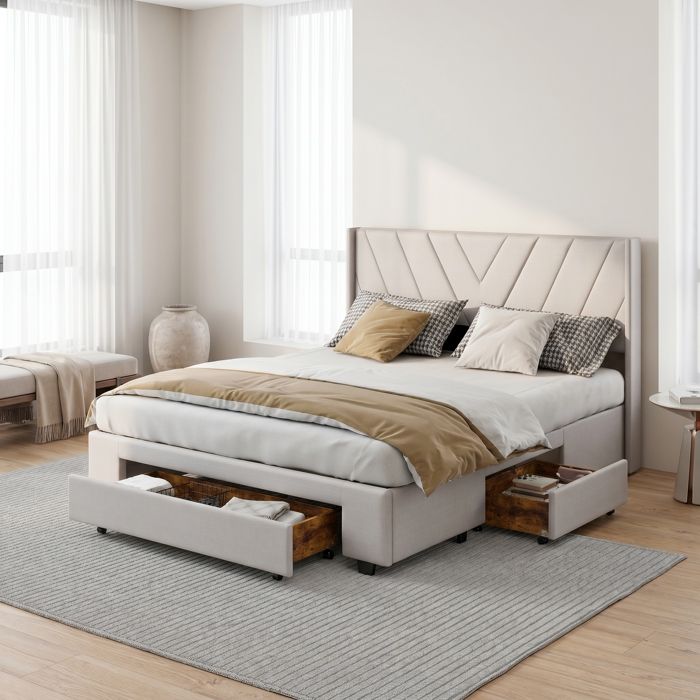 Lit double 140x200 cm Lit adulte avec tête de lit 3 tiroirs tissu en lin Lit capitonné 2 Personnes sommier à lattes beige