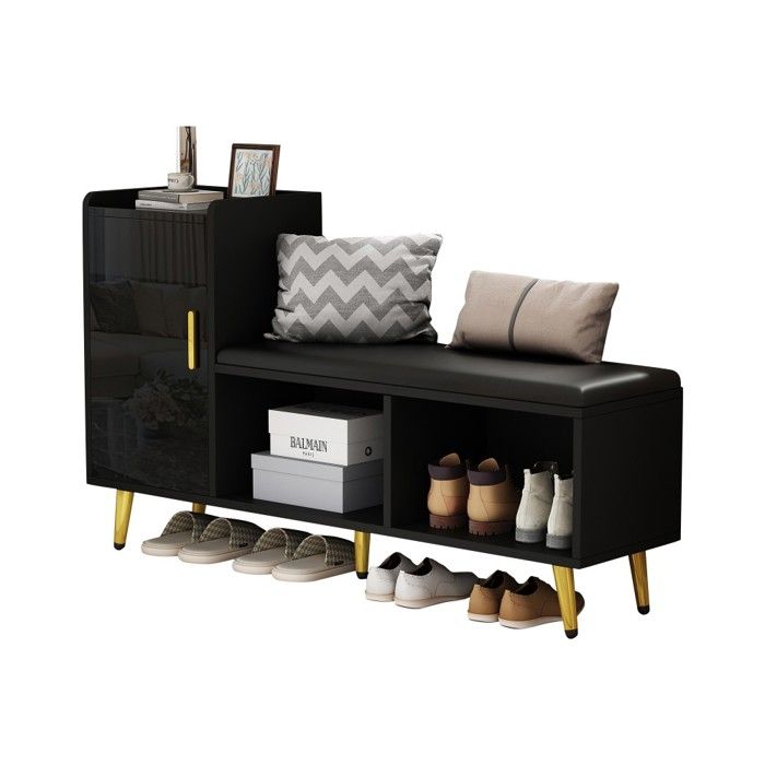 Meuble À Chaussures Noir Brillant 120x35x71.5cm Multi-niveaux Avec Siège Rembourré Et Accessoires Dorés Pour Entrée Et Couloir