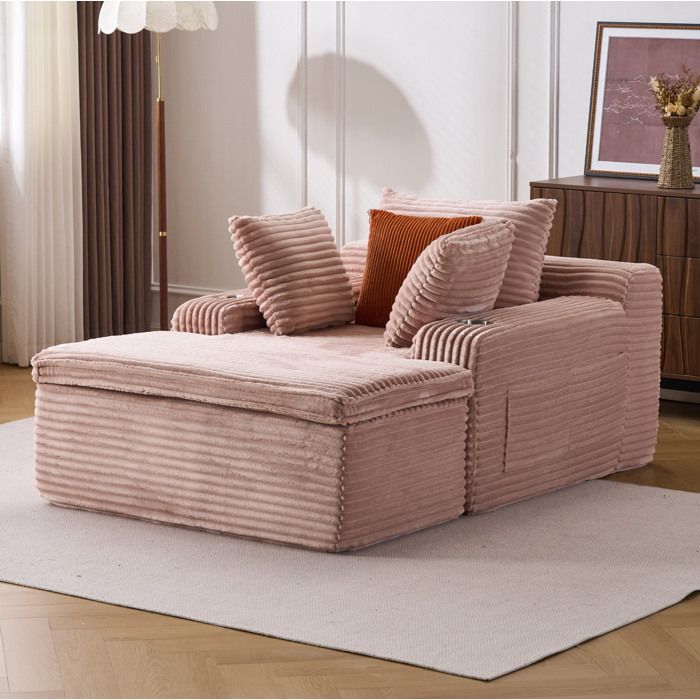 Canapé-lit compressé rose en corduroy avec chaise lounge mousse haute densité 3 coussins et porte-gobelet