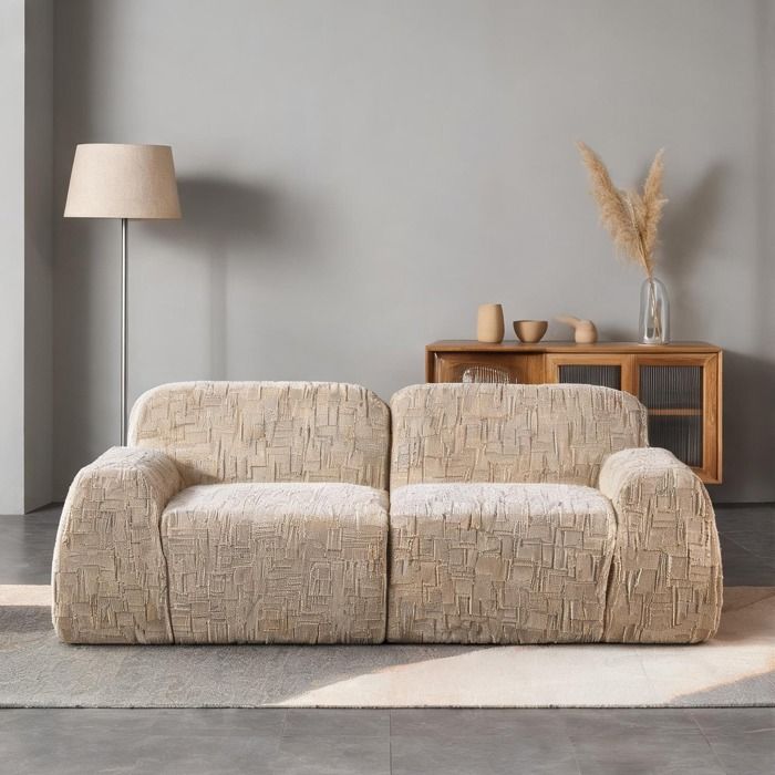 Canapé modulable en tissu chenille beige mousse haute résilience assise sans structure fond antidérapant 3 places