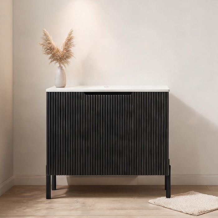 Meuble sous vasque noir 76 cm avec plateau en pierre frittée blanc carrare style autoportant 2 portes
