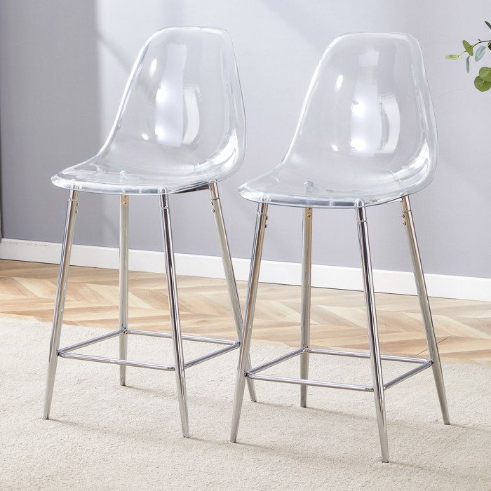 WOVREO lot de 2 tabourets de bar transparents avec dossier pieds en métal argenté repose-pieds design contemporain