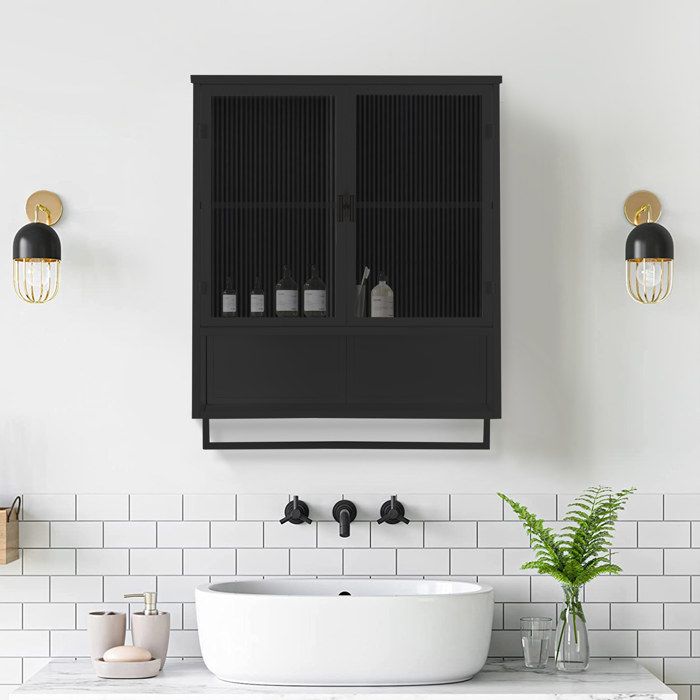 Armoire Murale de Salle de Bain avec 2 Portes en Verre Strié Niche Ouverte et Porte-serviettes 60×23×78 cm Noir