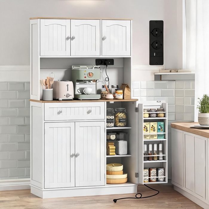 Buffet haut de cuisine en MDF laqué blanc style campagne 100x40x173 cm 4 placards et porte-épices