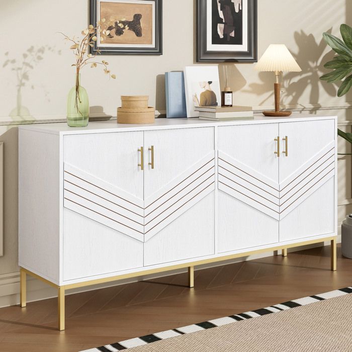 Buffet bas 4 portes AESVAR 160 x 40 x 80 5 cm avec étagères réglables MDF blanc et métal doré