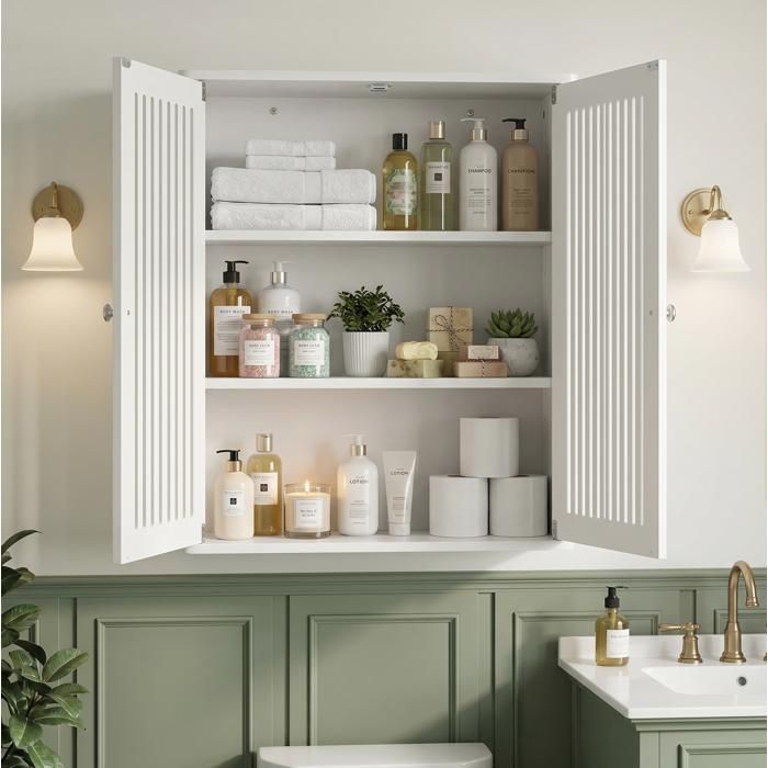 Armoire murale salle de bain EVRYAE 60 x 20 x 52 cm double porte à lamelles rangement suspendu blanc