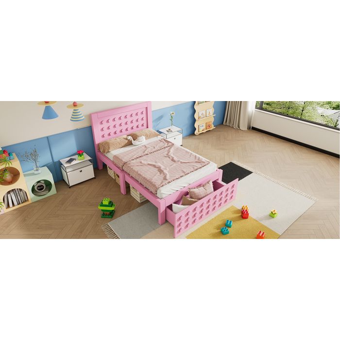 ELVORIN Lit enfant 90 x 200 cm structure en bois et MDF rose avec tiroir de rangement sommier à lattes sans matelas