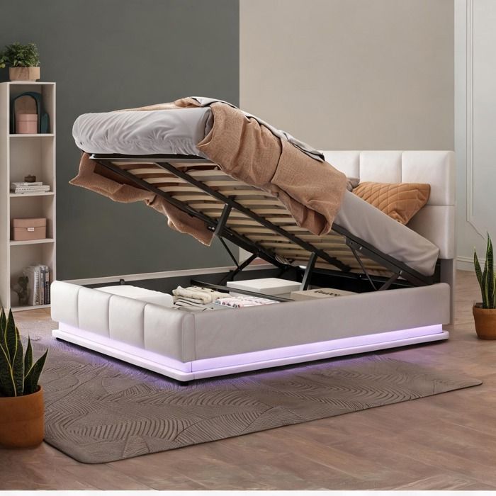 Lit coffre hydraulique 140x200 cm en similicuir blanc avec LED et sommier intégré
