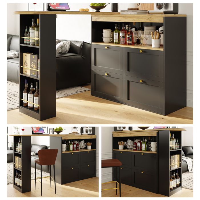 COZHYESS Table de Bar Pivotante à 360° 105 x 39 x 102 cm avec 4 Tiroirs et étagères Ouvertes îlot de Cuisine Noir