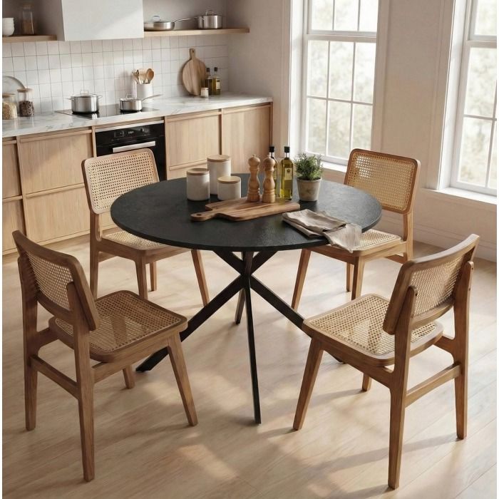 Table à manger ronde 100 cm pour 4 personnes table de cuisine noire style industriel avec pieds en acier en X JOINERY