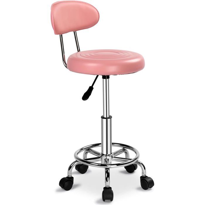 Tabouret de bureau à roulettes avec dossier - rotation 360° hauteur réglable 49-53 5 cm - assise cuir PU rose capacité 150 kg