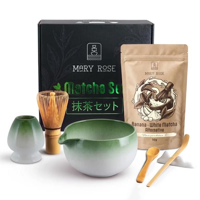 Kit de Thé Préparation Matcha - Mary Rose - Coffret Cadeau Alternative Matcha Blanche Banane Bol et Fouet - Hayashi - 50g