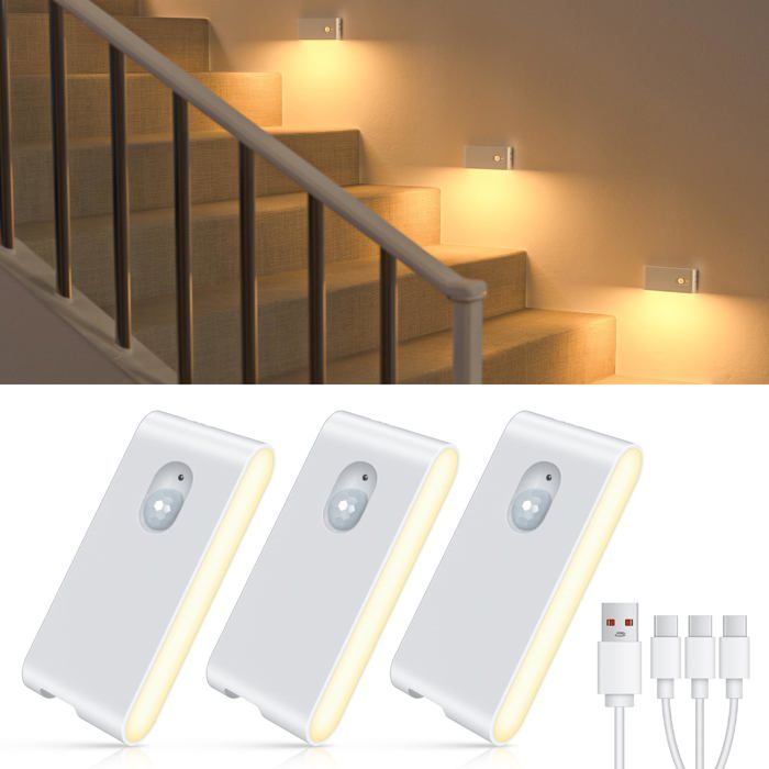Lampe Detecteur de mouvement interieur Lot De 3 veilleuse LED Rechargeables led escalier detecteur de mouvement(Sans Prise)