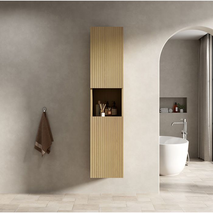 MEUVYX Colonne de Salle de Bain Suspendue avec 2 Portes Niche Ouverte Fermeture Amortie Chêne Doré 35 × 35 × 160 cm