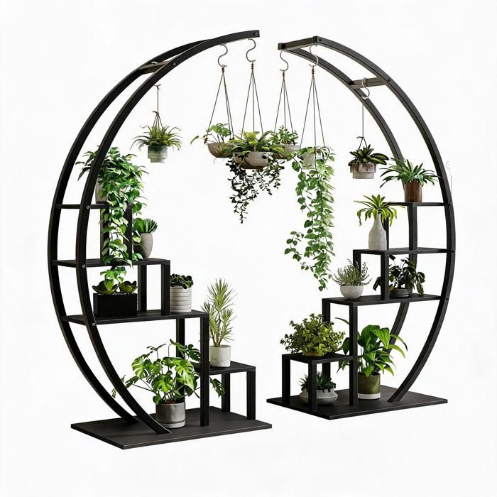 JoyGarden Support à plantes d’angle demi-lune 56 étagère 5 niveaux en métal + MDF imperméable antirouille noir
