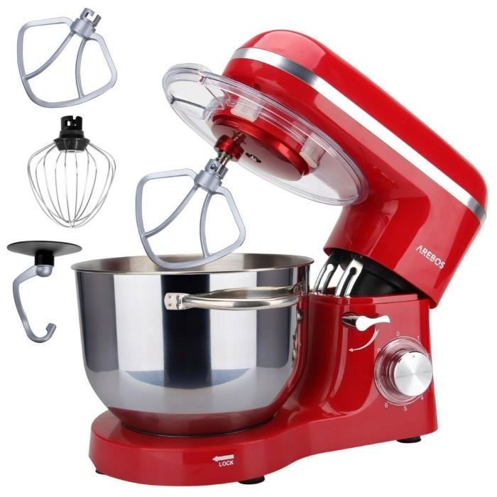 AREBOS Robot Pâtissier Professionnel 1500W  Rouge  Robot de Cuisine Multifonction Inoxydable 6 Litres  6 Vitesses