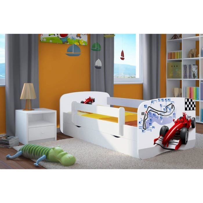 caméléon iGLOBAL Lit pour enfant en forme de voiture avec sommier à lattes et matelas en mousse 140 x 70 cm