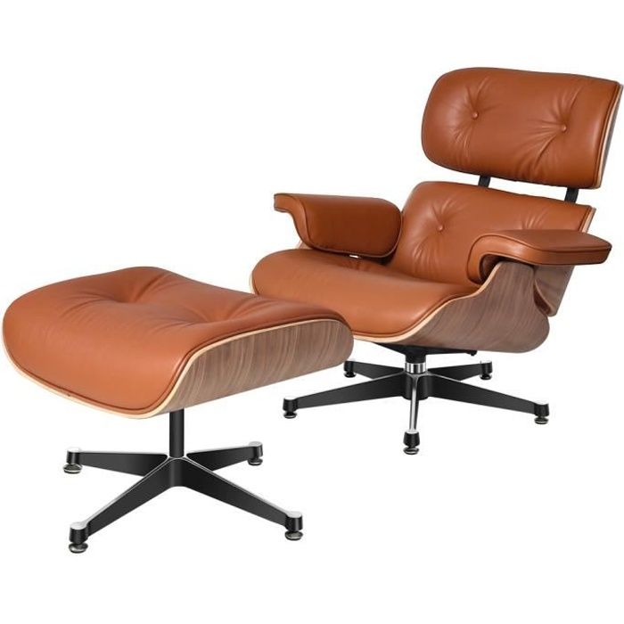 fauteuil relax de lecture luxe cuir mid-century lounge chaise classique design avec repose-pied, noyer clair et orange