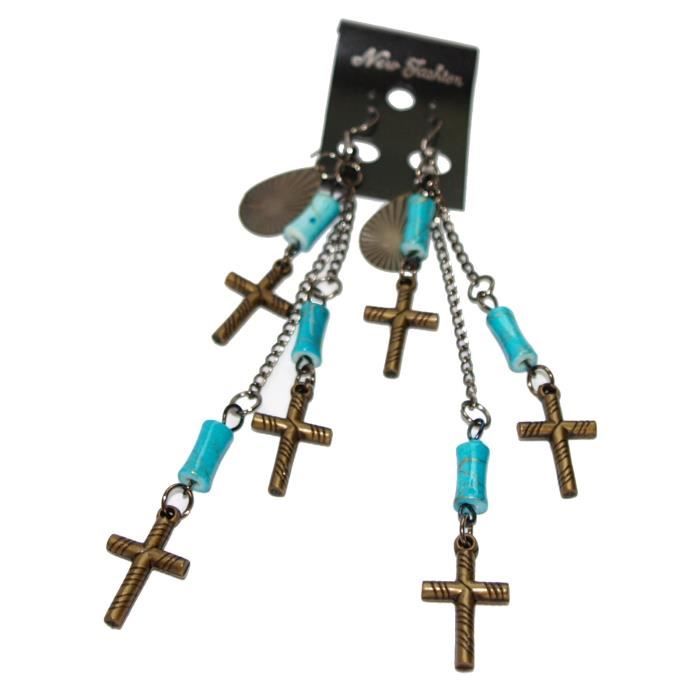 Boucles D'oreilles Pendantes Croix Dorées - Occasion Excellent état - Jamais Portées