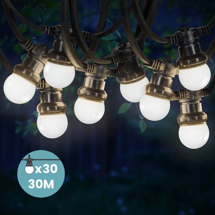 Guirlande Guinguette 30m Raccordable En Serie Blanc Ip65 Guirlande Lumineuse Exterieure 30 Bulbes Blancs Cdiscount Maison