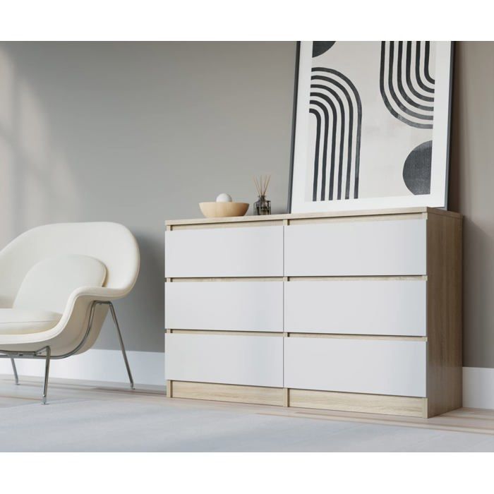 Commode 120 cm avec six tiroirs de style scandinave Couleur : chêne sonoma / blanc Dimensions : L : 120 cm x P : 39 cm x H : 78 cm