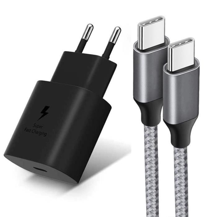 Chargeur USB-C 25W + Câble Nylon USB-C vers USB-C Gris 1M pour Samsung  Galaxy A24 A23 A22 A03s A04s A12 A13 A14