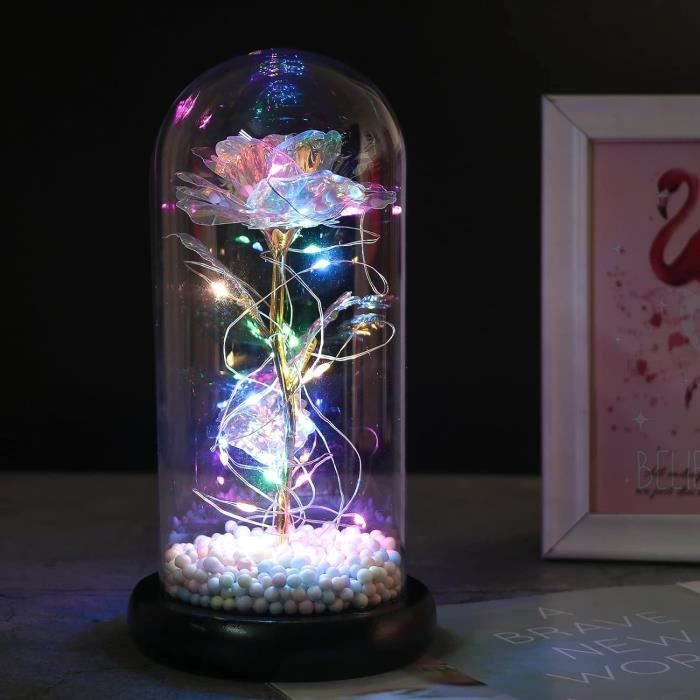 Rose Éternelle Sous Cloche LED La Belle Et La Bête - Cadeau Romantique Avec Carte - Décoration Lumineuse