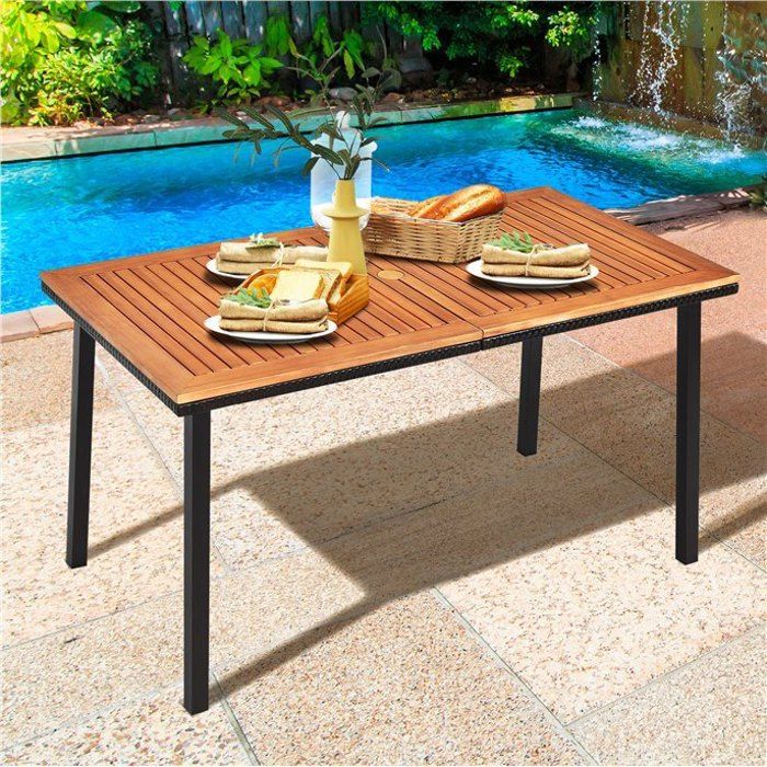 costway table de jardin extérieur en bois d'acacia avec trou de parasol rectangulaire cadre en acier pour 6-8 personnes 140x75x76cm