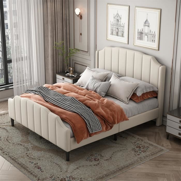 Lit Rembourré Coffre, Lit Double 140x200 Cm, Avec Bandes Décoratives Dorées Et USB Type-C , En Tissu, Beige (sans Matelas
