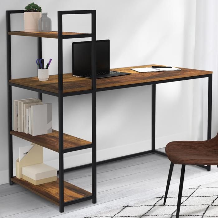 IDMARKET Bureau bibliothèque HAWKINS plateau bois foncé design industriel IDMARKET Bureau bibliothèque HAWKINS plateau bois foncé design industriel