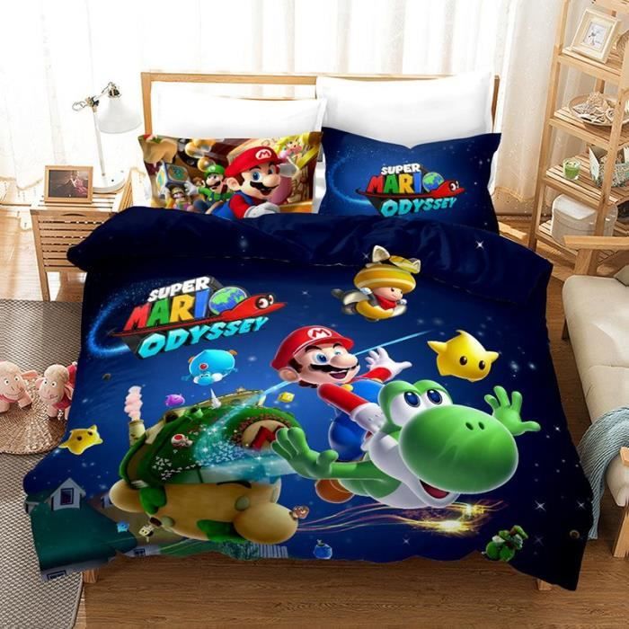 Parure De Lit 3 Pièces Imprimé 3D Mario | Microfibre Super Douce Et Respirante | Housse De Couette + Taie(s) | Taille Double (200x200cm)