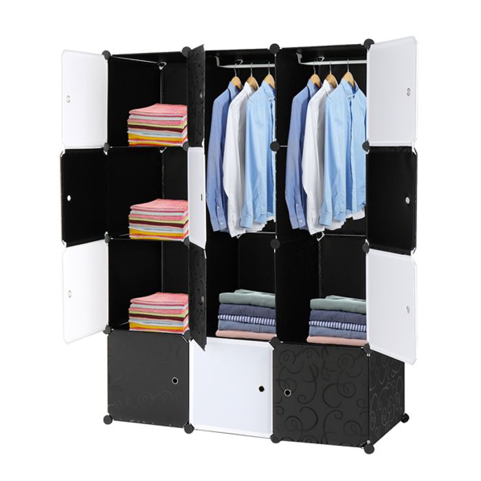 armoire de rangement 108x47x142cm porte blanche, armoire modulable à 4 couches approfondies 12 grilles avec 2 tringles à vêtements
