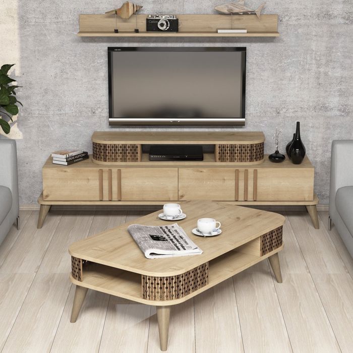Ensemble meuble TV, table basse et étagère Chanez Marron et Chêne Cdiscount Maison
