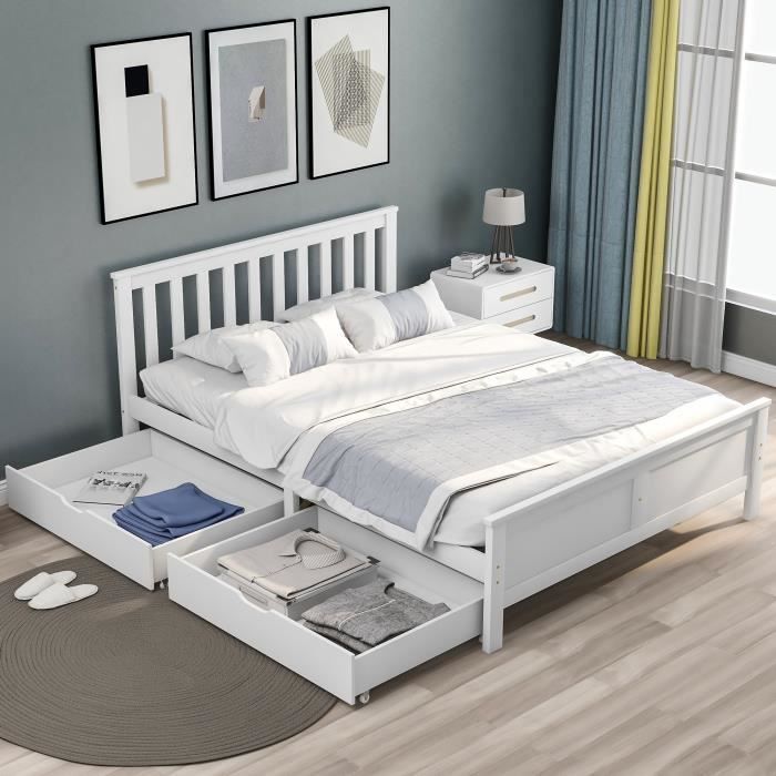 Lit adulte 140x200 cm avec 2 tiroirs - Contemporain - Cadre en bois - blanc - MODERNLUXE Lit adulte 140x200 cm avec 2 tiroirs - Contemporain - Cadre en bois - blanc - MODERNLUXE