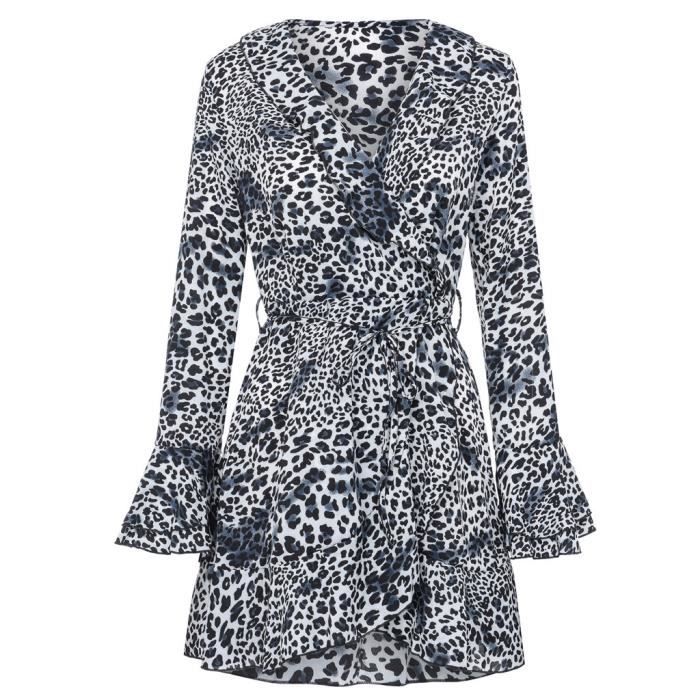 Robe midi à col V et imprimé léopard