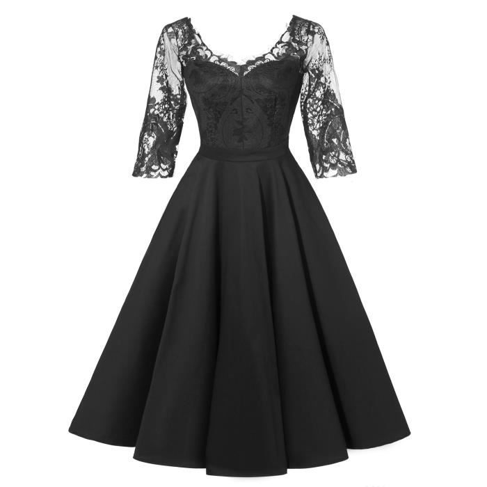 Robe de soirée dentelle Double Col V Manches 34 pour Femmes Creusantes