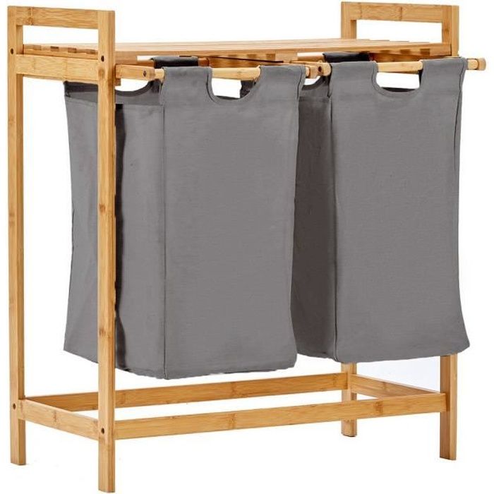 Panier a linge sur pied bambou - 2 Paniers a linge sale - Tissu Gris- Corbeilles a linge - Salle de bain - 64x33x73cm