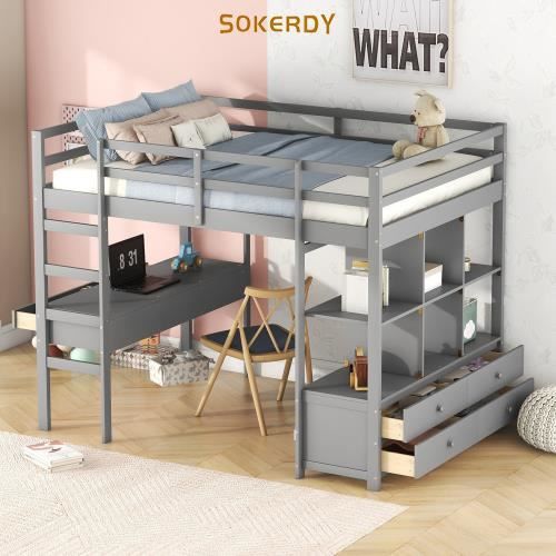 lit mezzanine enfant 2 places - sokerdy - bois de pin - avec tiroirs et bureau sous lit