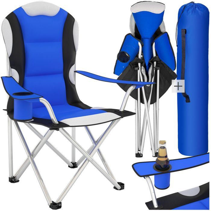 Chaise de camping - TECTAKE - Fauteuil de camping pliable et rembourré avec porte-boissons et sac 60 x 88 x 110 cm - Bleu