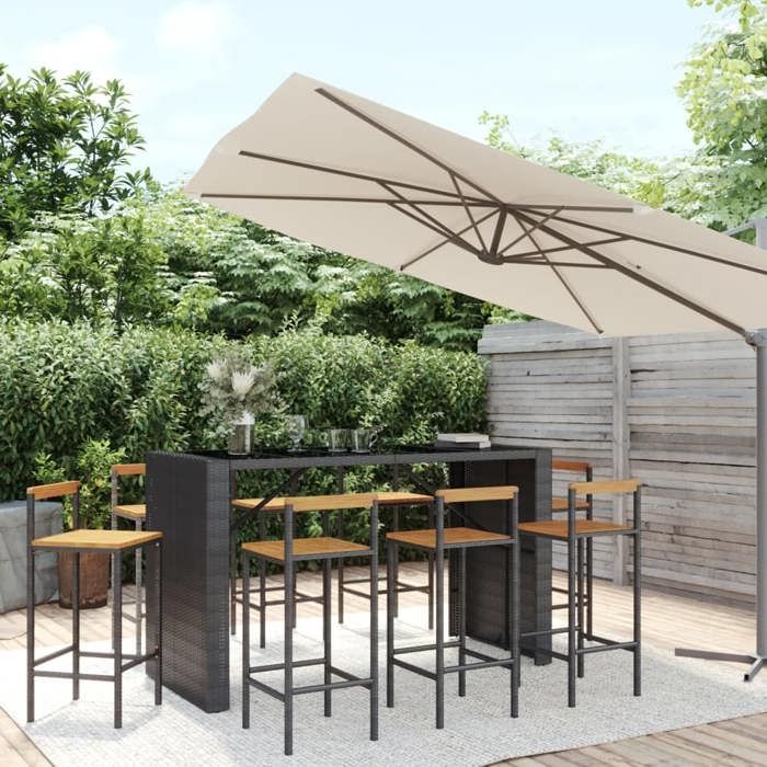 vidaXL Ensemble de bar jardin 9 pcs noir poly rotin/bois massif acacia ensemble de table de bar table et chaise de bar de 3187704