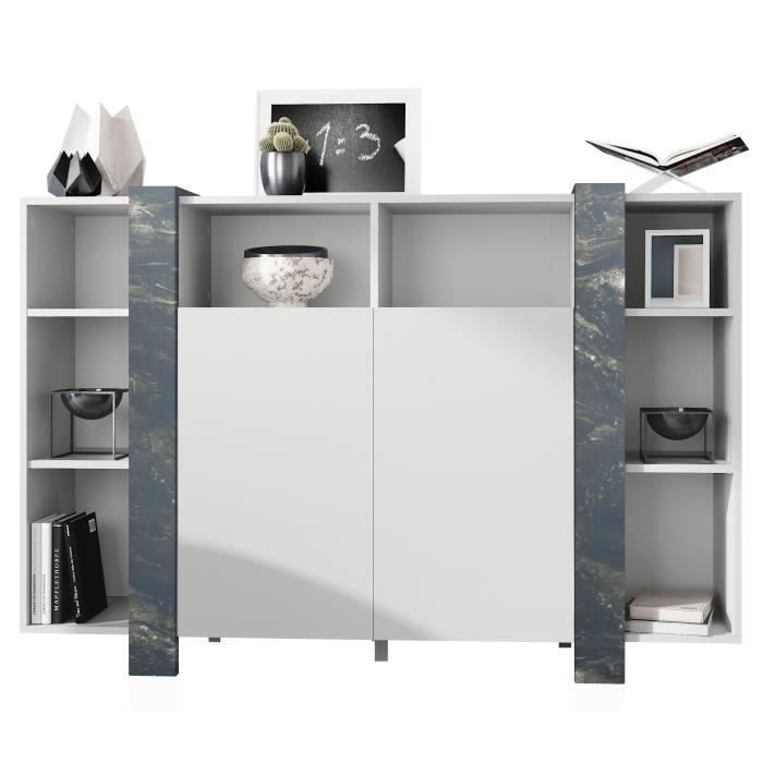 Vladon meuble haut Ida  Buffet avec 12 compartiments caisson en blanc mat façades en Marbre Graphite
