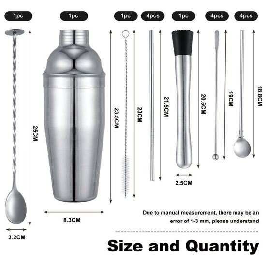 Shaker à Cocktail 750ml En Acier Inoxydable Avec Passoire Et Jigger 15/30ml