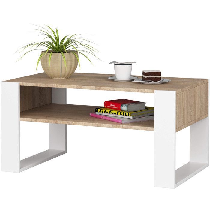 Table Basse Design ROCKFORD Avec 2 Étages - 92x45x53 Cm, Panneau Stratifié Blanc & Chêne Sonoma - Moderne Et Pratique