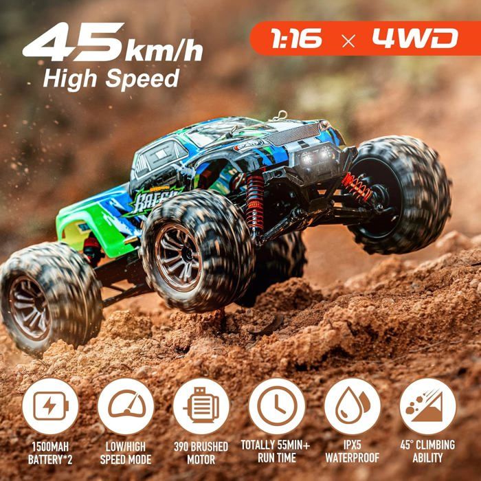 JOYTREKY – Voiture RC 1:14, 4x4, 45 Km/h, 2 Batteries, Tout-terrain, Buggy, Résistant