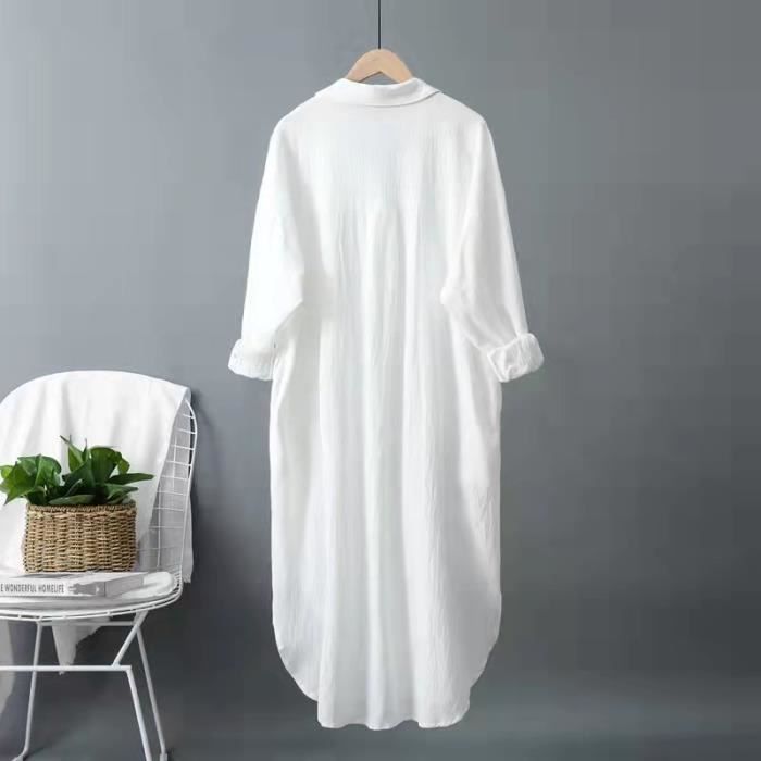 Robe ample chemise mi-longue en coton et lin pour femme Veste de protection  solaire décontractée Blanc