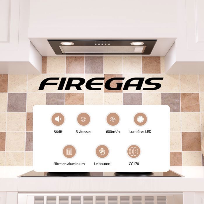 FIREGAS Hotte Aspirante Encastrable 52 Cm – 308 M³/h 3 Vitesses LED Inox Avec Filtres Lavables