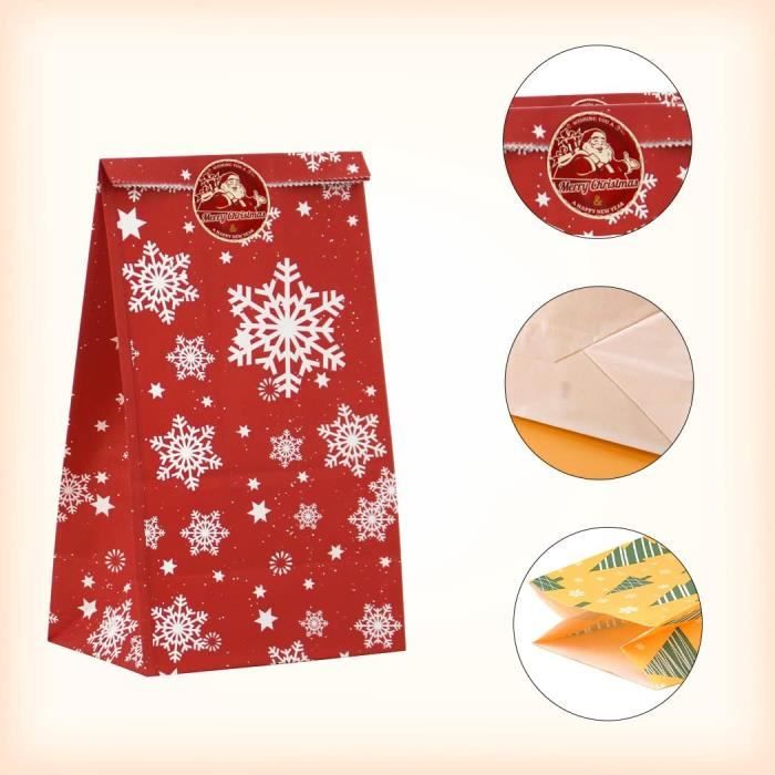 Pochette Cadeau Noël, 24Pcs Sachet Cadeau Sac Cadeau Papier de Noël avec 24  Autocollants, Petit Sac Papier Cadeau Noël pour Ca[300]